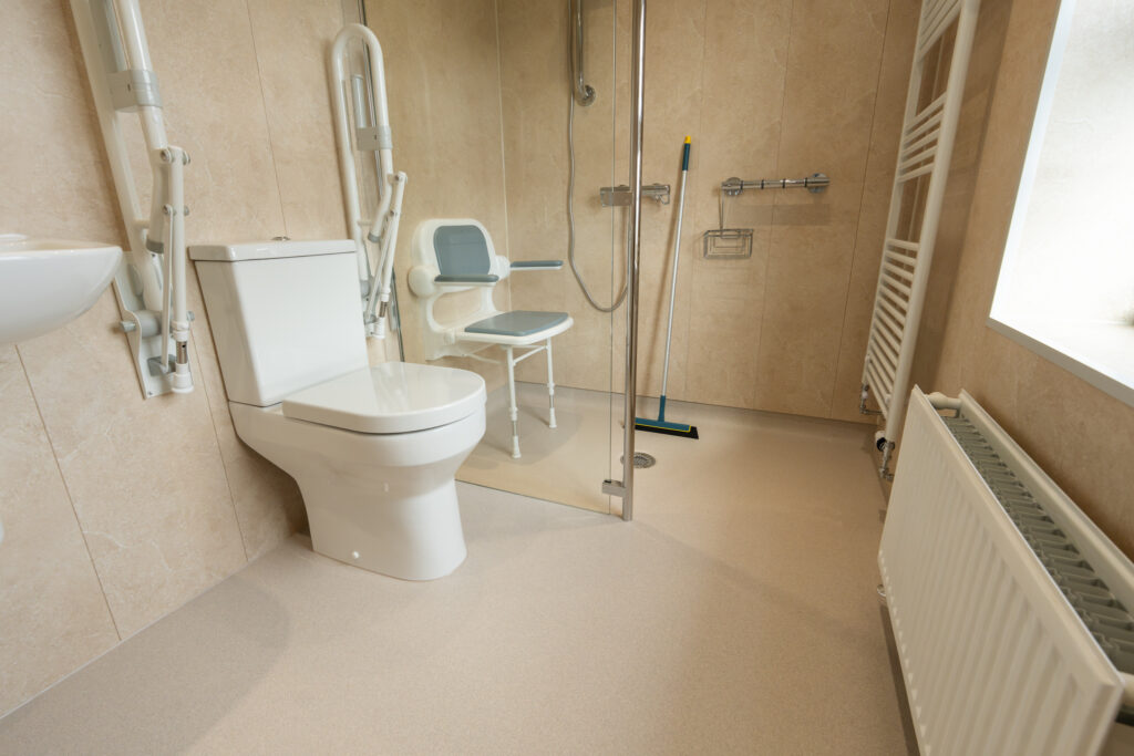 Elena's new toilet with fold-away support arms, beside the level-access shower and folding seat.