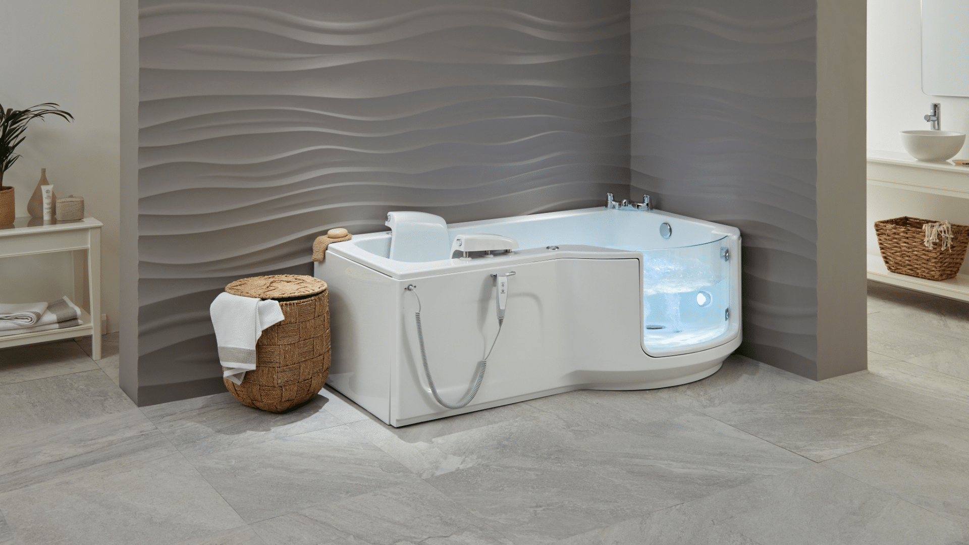 The Louisiana full-length walk-in bath in a bright bathroom. Available at and installed by Age Care Bathrooms.