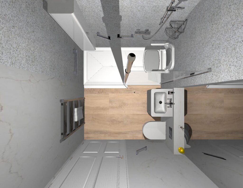 3D CAD design of Maya's new walk-in shower bathroom, produced before installation began.