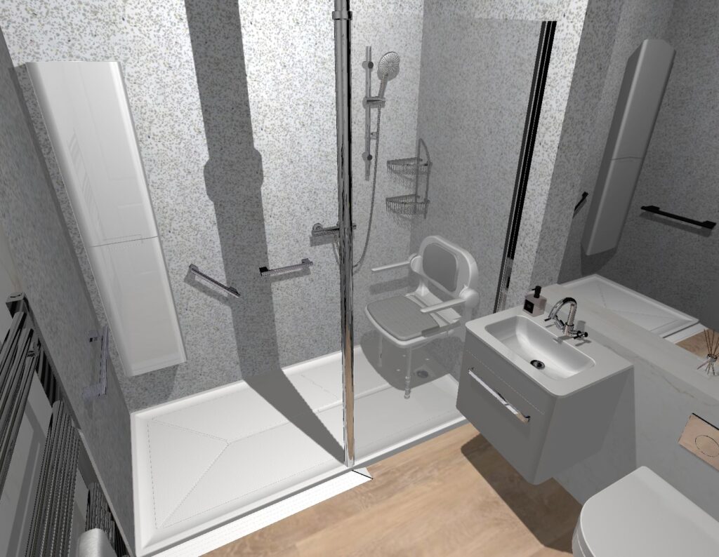 3D CAD design of Maya's new walk-in shower bathroom, produced before installation began.