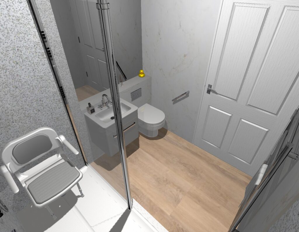3D CAD design of Maya's new walk-in shower bathroom, produced before installation began.