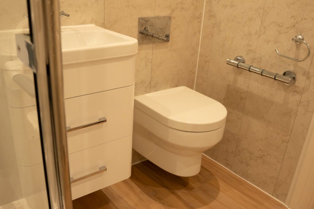 Maya's new vanity basin and wall-hung toilet, with a grab rail within easy reach.