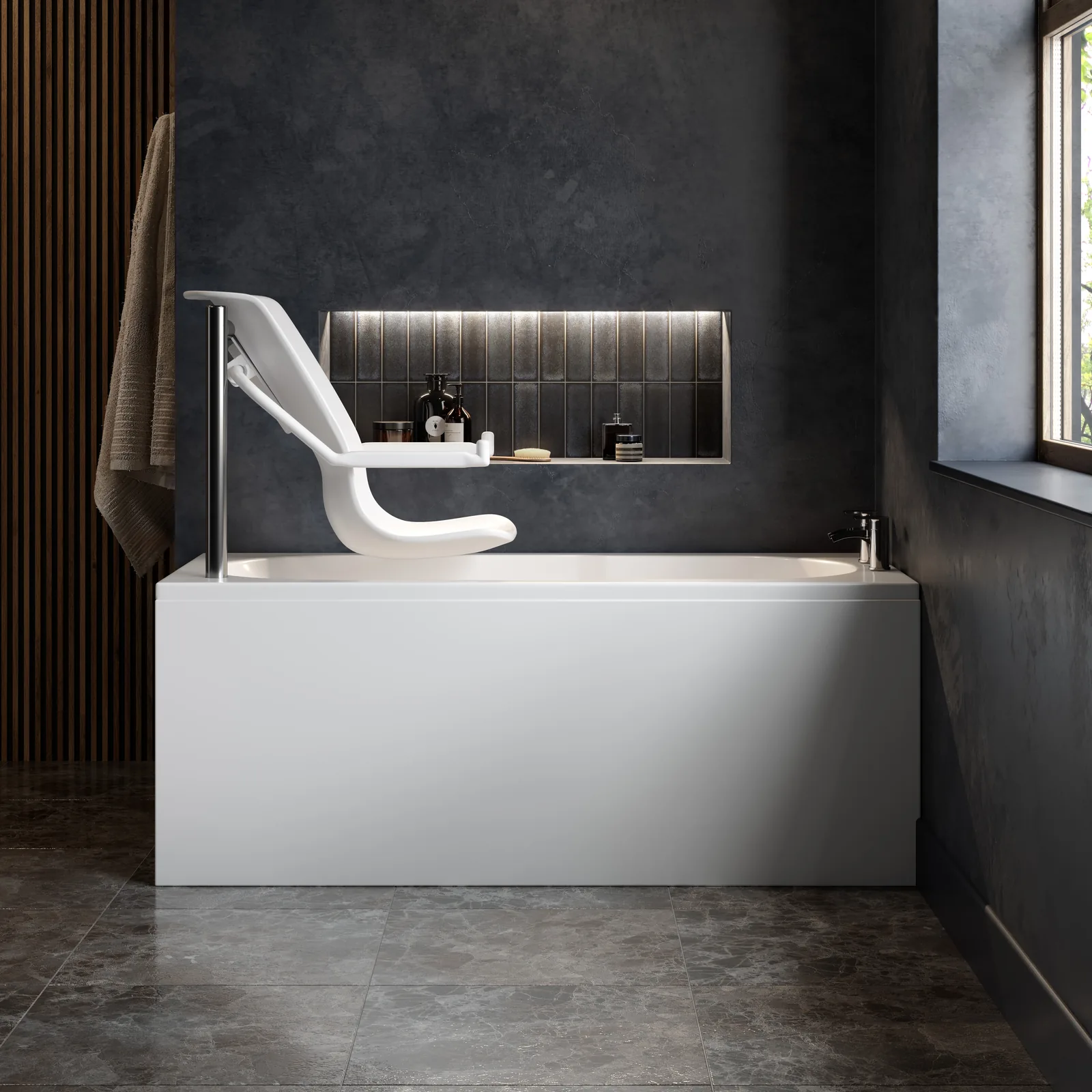 Front view of the Omega accessible bath with the powered seat raised up.