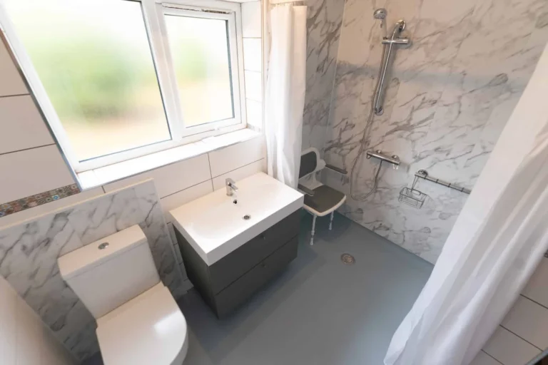 Sandra's level-access wet room with a folding shower seat, grab rails and toilet