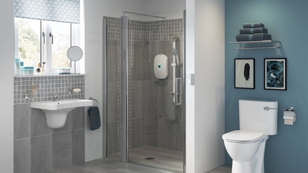 Level-access curbless shower by Age Care Bathrooms, with a glass screen, grab rail and step-free drainage.