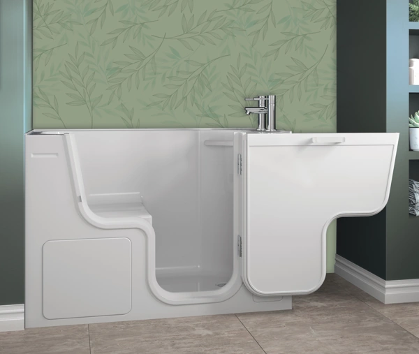 Tranquility walk-in bath with its wide door open and low step-in