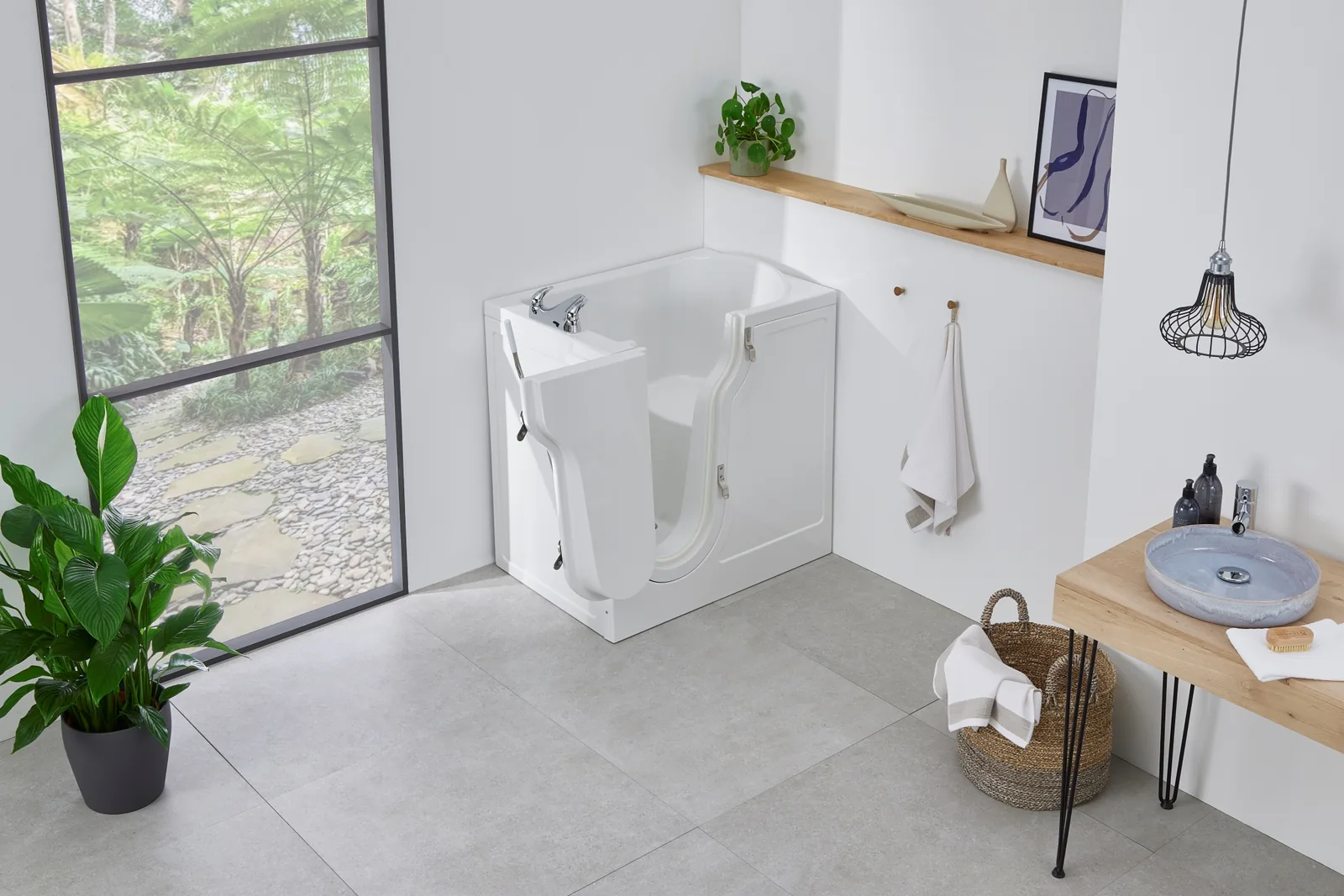 Vermont compact walk-in bath with its side door open, showing the seat