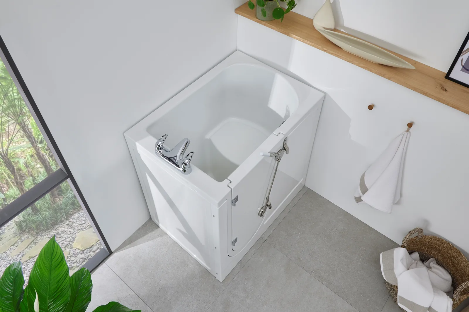 Angled view of Vermont walk-in bath, showing the built-in seat