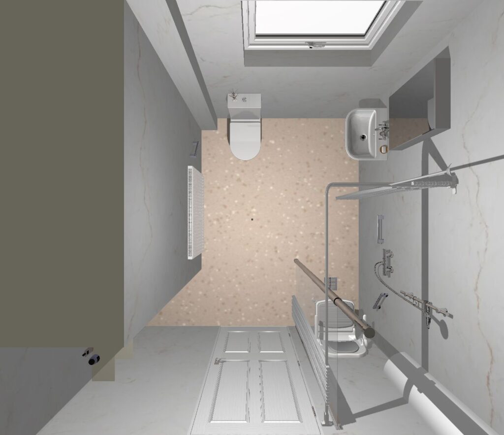 3D CAD design of Zoey's new level-access wet room, produced before installation began.