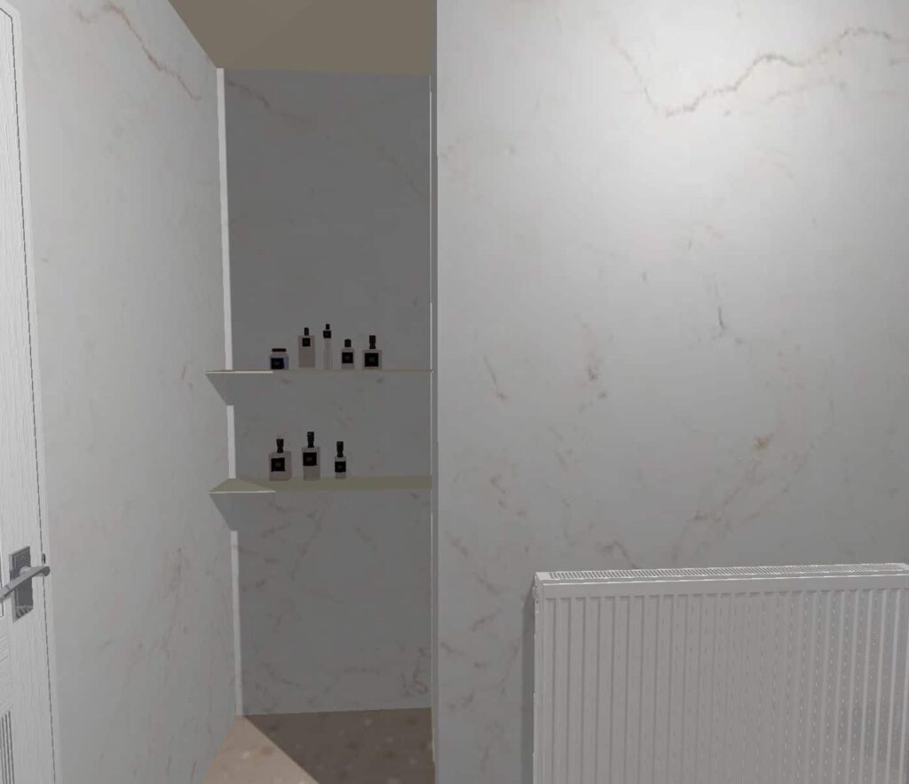 3D CAD design of Zoey's new level-access wet room, produced before installation began.
