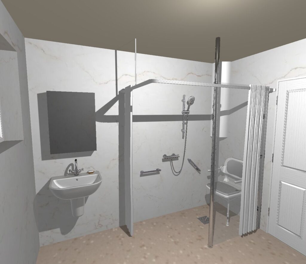3D CAD design of Zoey's new level-access wet room, produced before installation began.