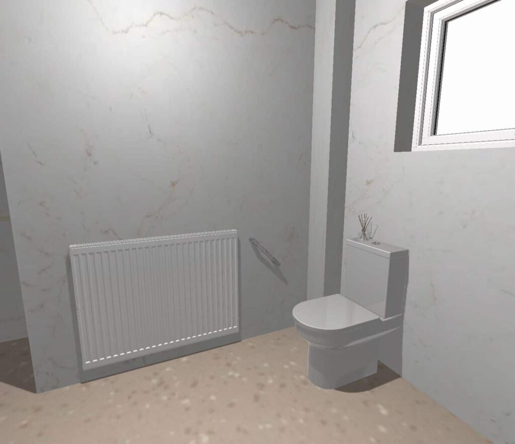 3D CAD design of Zoey's new level-access wet room, produced before installation began.
