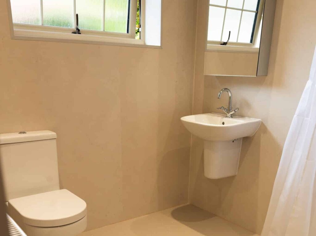 Zoey's finished level-access wet room, with a wall-hung basin, toilet and bright frosted windows.