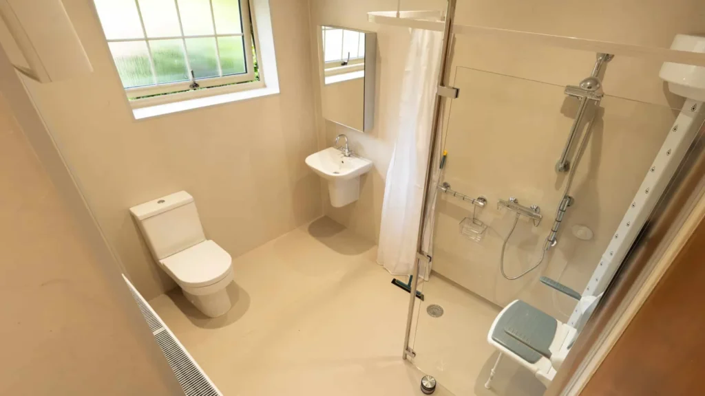 Zoey's bright, level-access wet room with a walk-in shower, fold-down seat, toilet and basin