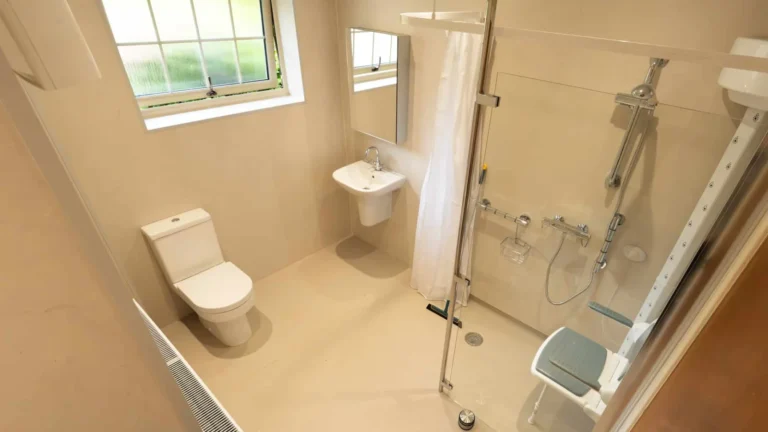 Zoey's bright, level-access wet room with a walk-in shower, fold-down seat, toilet and basin