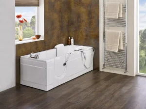 The Montana walk-in bath installed and on display in a bright bathroom