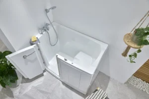 The Tennessee walk-in bath with the outward door open, showing the seat inside