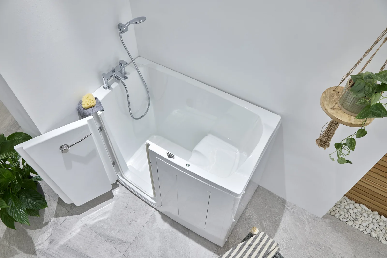 The Tennessee walk-in bath with the outward door open, showing the seat inside
