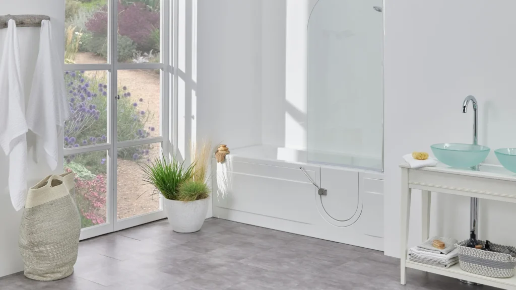 The Arizona walk-in bath with a glass shower screen and door closed, in a bright bathroom