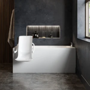 The Omega accessible bath with its powered seat swung out over the side for transfer