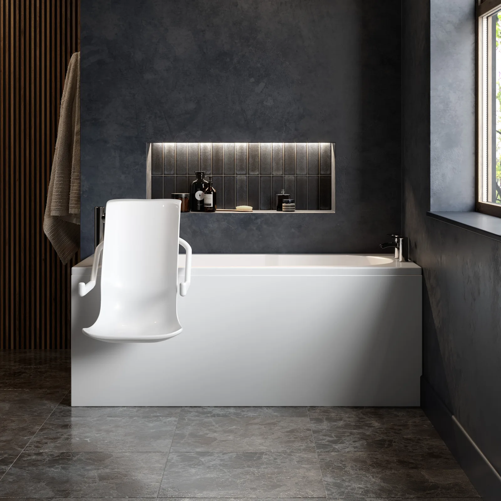 The Omega accessible bath with its powered seat swung out over the side for transfer