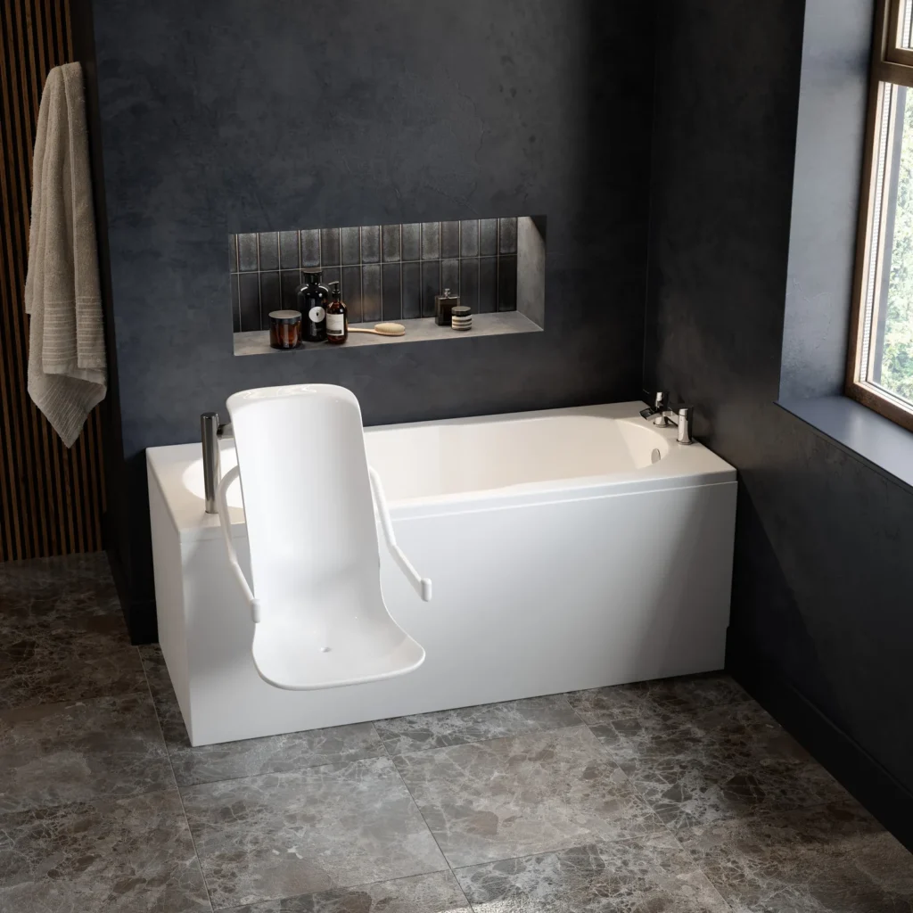 Angled view of the Omega accessible bath with the powered seat out over the side