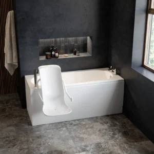 Angled view of the Omega accessible bath with the powered seat out over the side