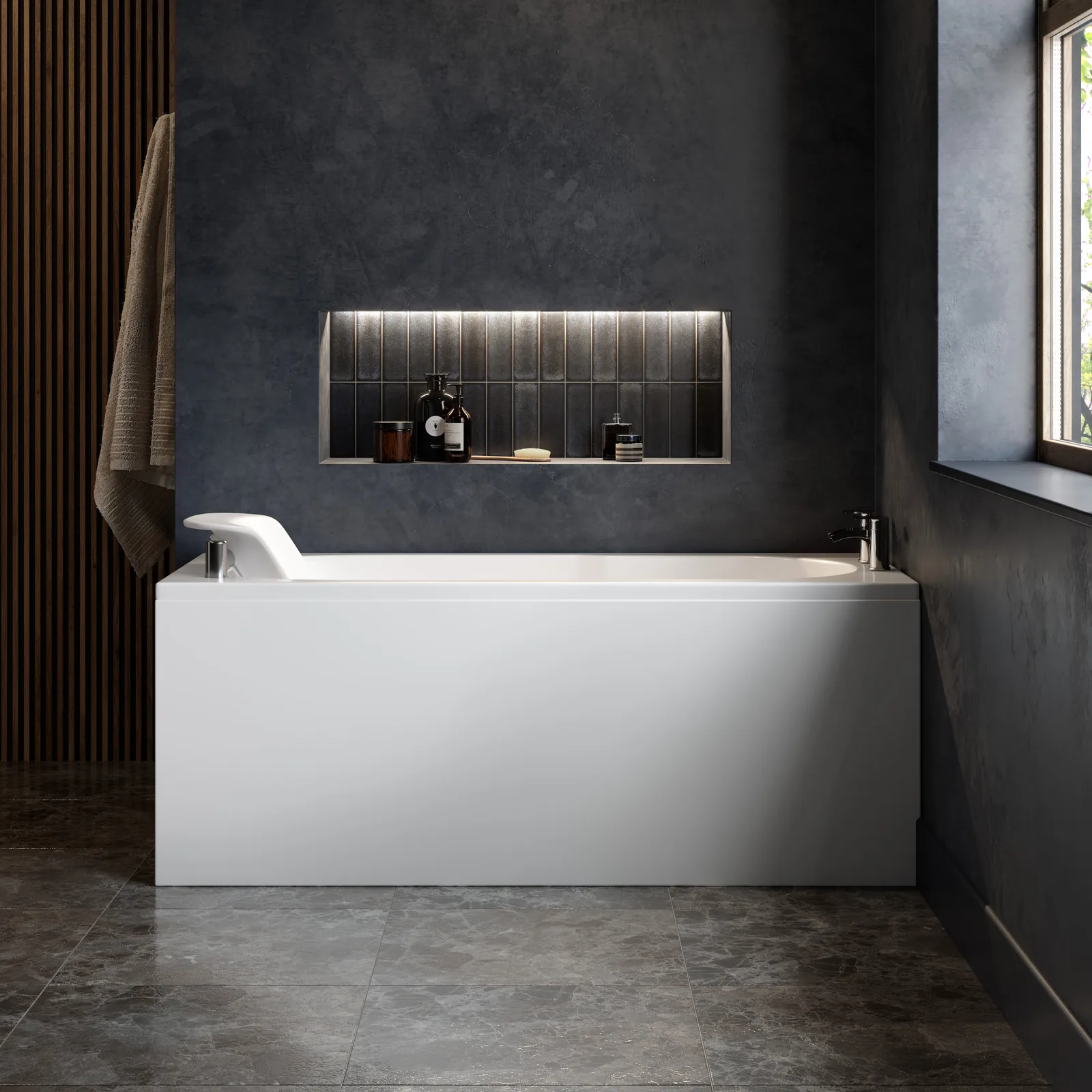 Front view of the Omega accessible bath with the powered seat lowered inside