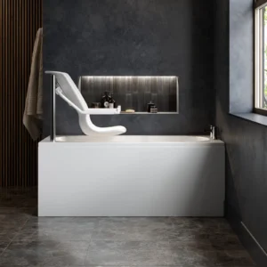 Front view of the Omega accessible bath with the powered seat raised up
