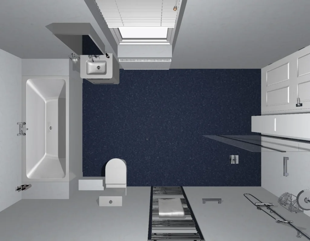 Overhead 3D plan of Peter's new bathroom with bath, walk-in shower, toilet and basin