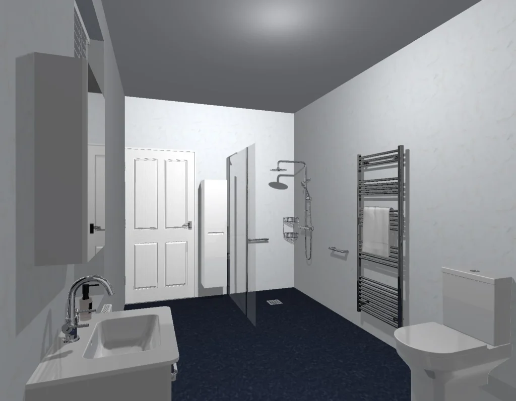 3D view of Peter's bathroom: walk-in shower, rainfall head, towel rail and toilet