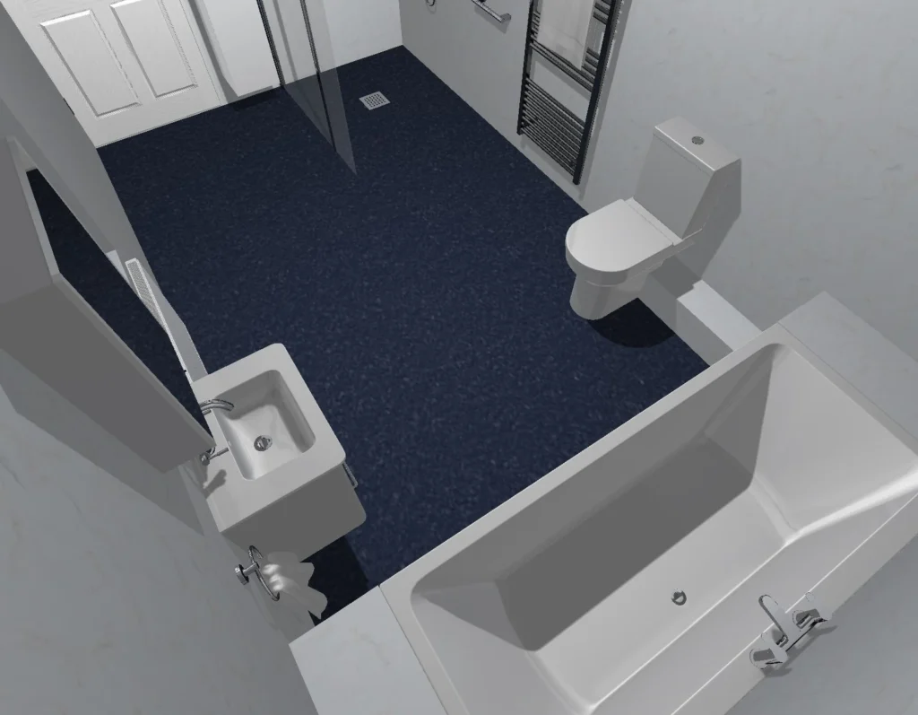 Angled 3D view of Peter's new bathroom: bath, walk-in shower, toilet and basin