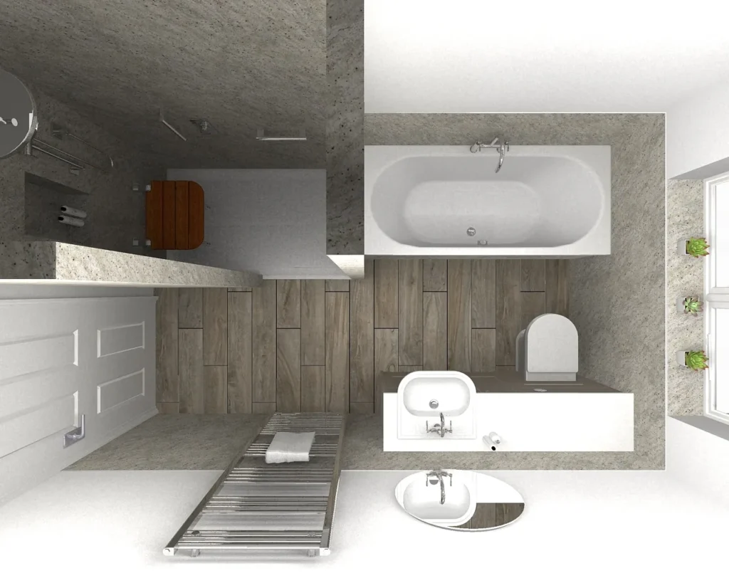 Design render of Stephen's accessible bathroom with a bath, walk-in shower and vanity