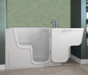 Tranquility walk-in bath with its wide door open and low step-in