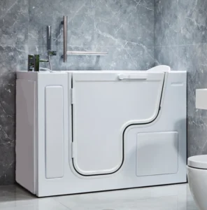Tranquility walk-in bath with a left-hinged door in a grey marble bathroom