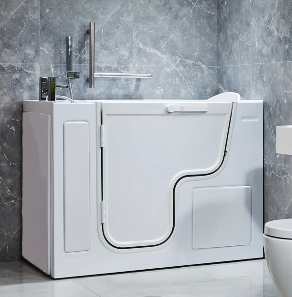 Tranquility walk-in bath with a left-hinged door in a grey marble bathroom