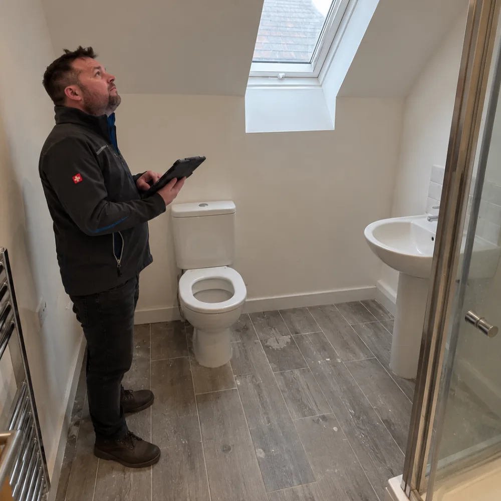 A Site Surveyor From Age Care Bathrooms Surveying A Bathroom
