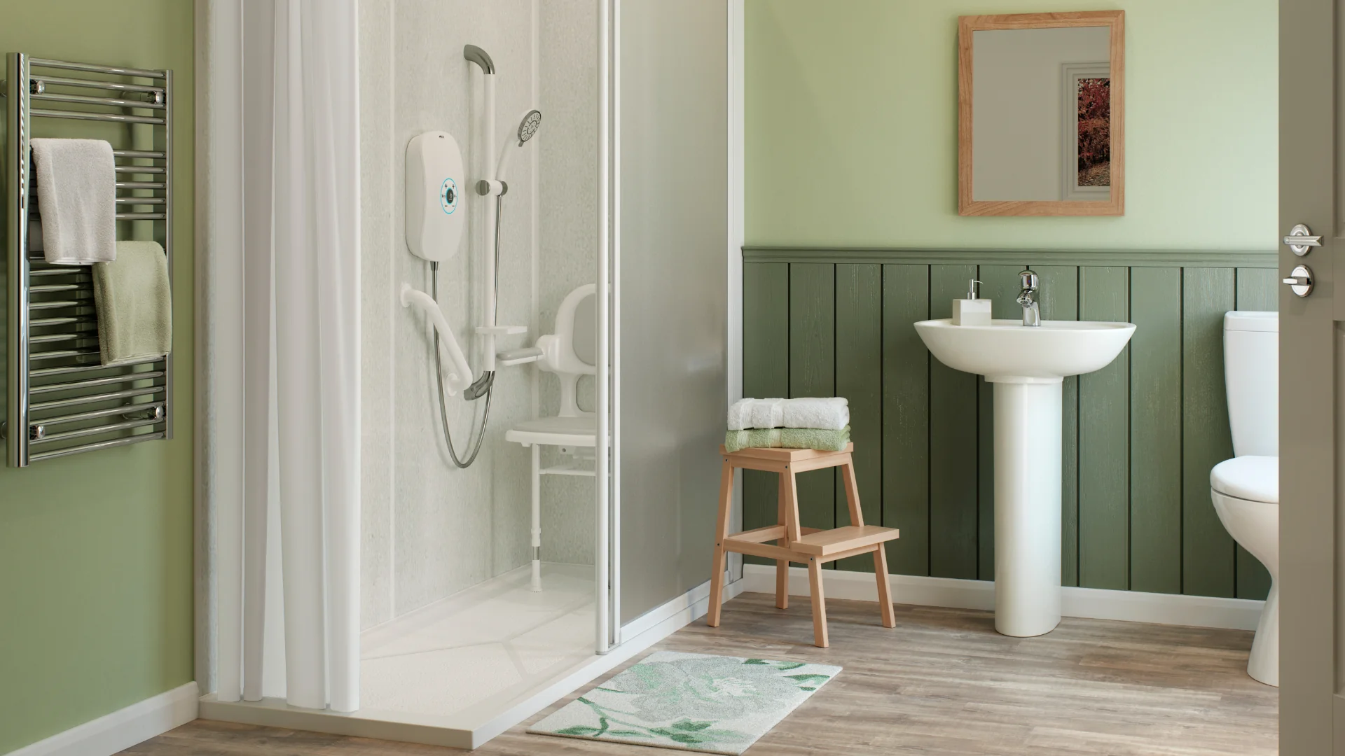 A bathroom with a walk-in shower, fold-down shower seat, grab rails and green coloured walls.