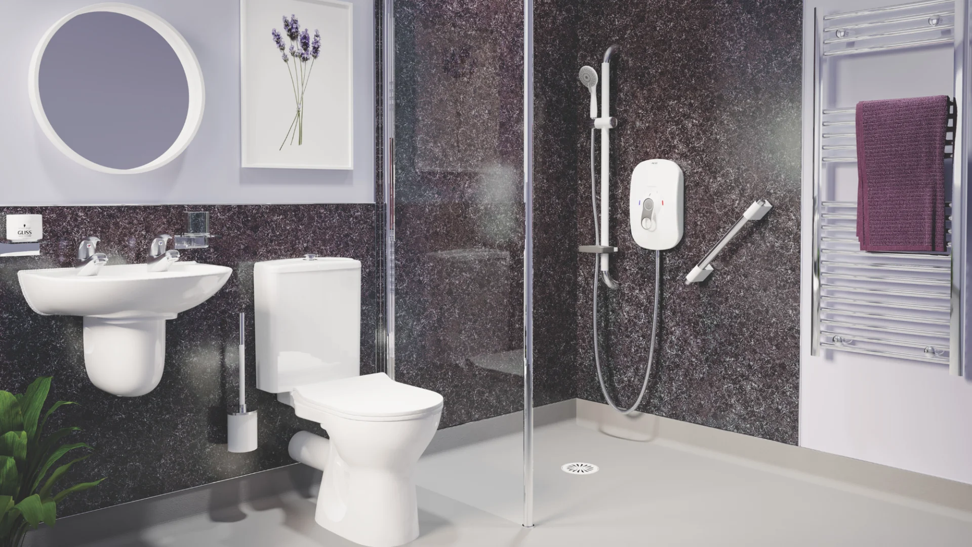 Completely step-free wet room with grab rails, shower screen, raised-height toilet and purple walls.