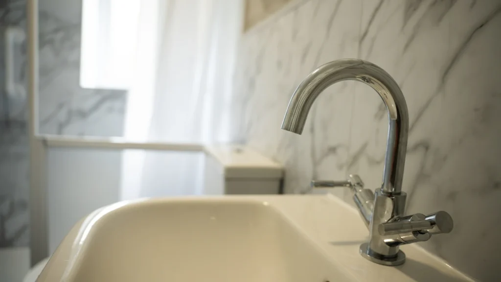 Chrome basin tap with the half-height care screen behind it in Adrian's bathroom