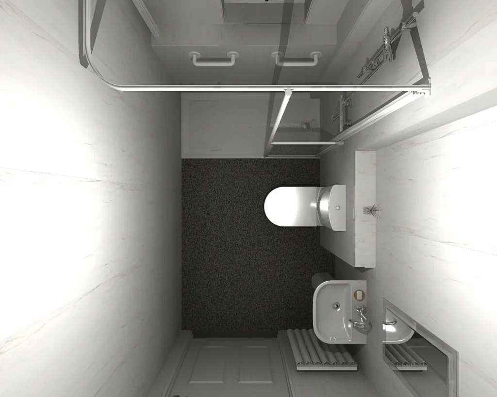 Overhead 3D plan of Adrian's bathroom with walk-in shower, care screen, toilet and basin