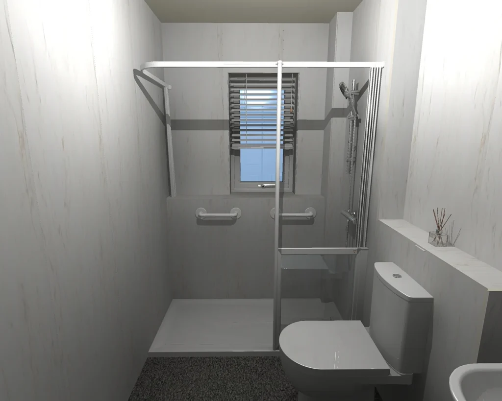 3D view of Adrian's planned walk-in shower with a half-height care screen and grab rails