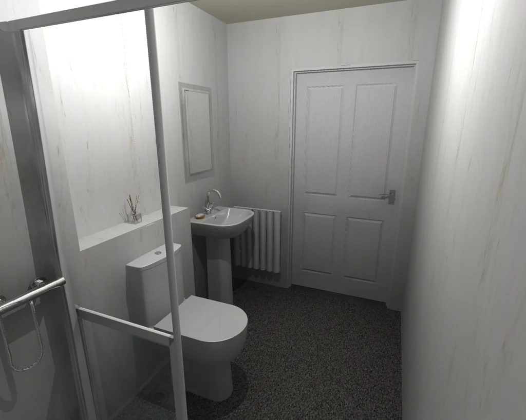 3D view from Adrian's walk-in shower towards the toilet, basin and door