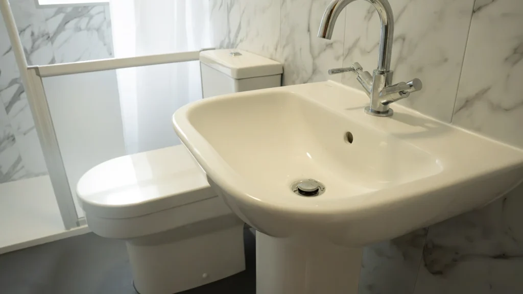 Comfort-height toilet and pedestal basin in Adrian's accessible bathroom