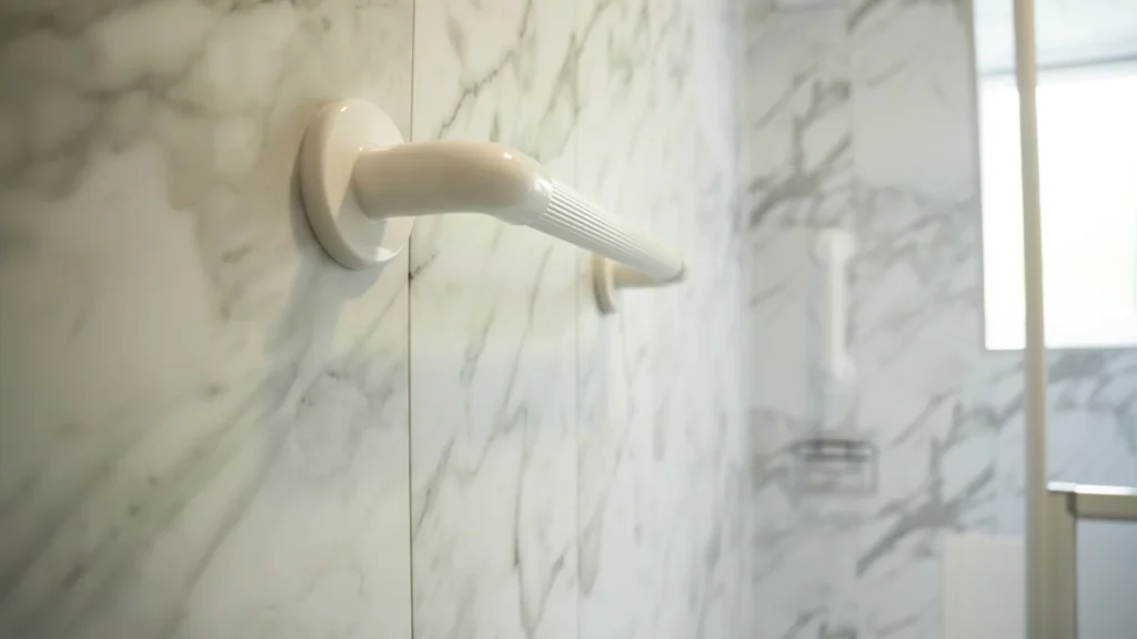 White grab rail on the marble-effect wall beside Adrian's walk-in shower