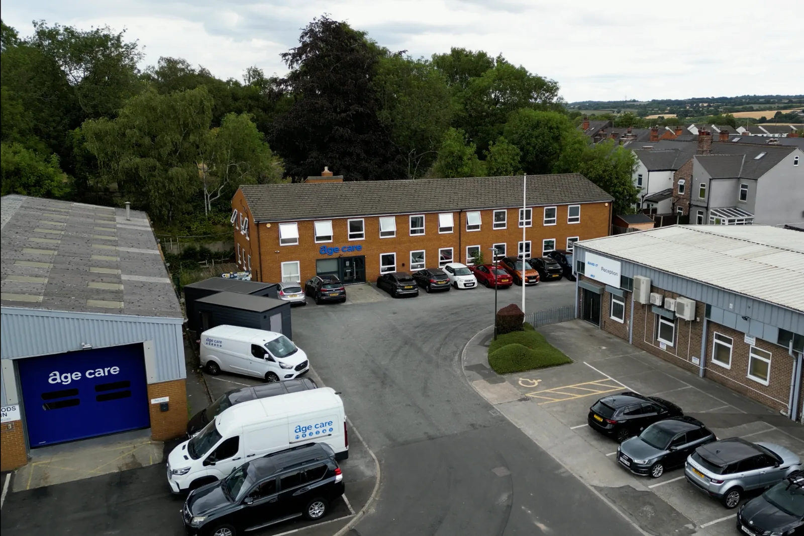 Drone shot of the Age Care Bathrooms main office and warehouse.