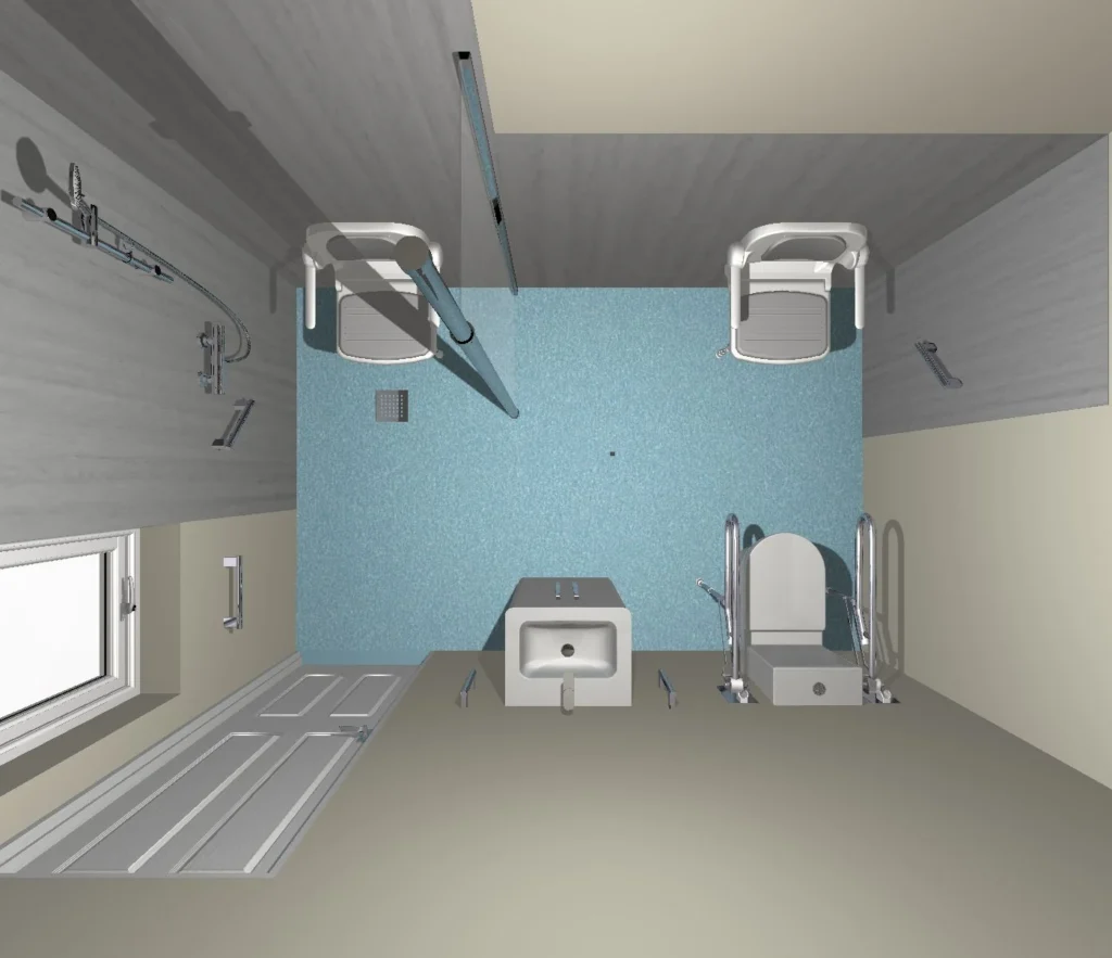 Overhead 3D plan of Charlotte's new wet room with two shower seats, toilet and basin