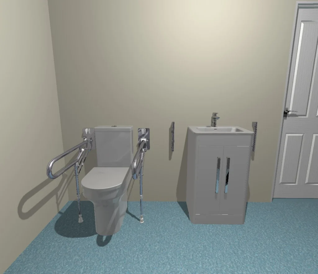 3D view of Charlotte's wet room toilet with drop-down grab rails and a vanity basin