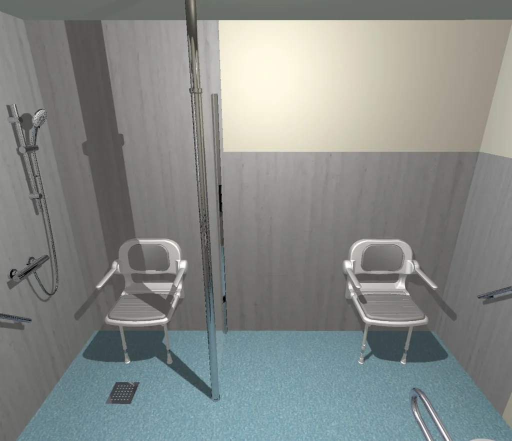 3D view of the walk-in shower and two fold-down seats in Charlotte's wet room