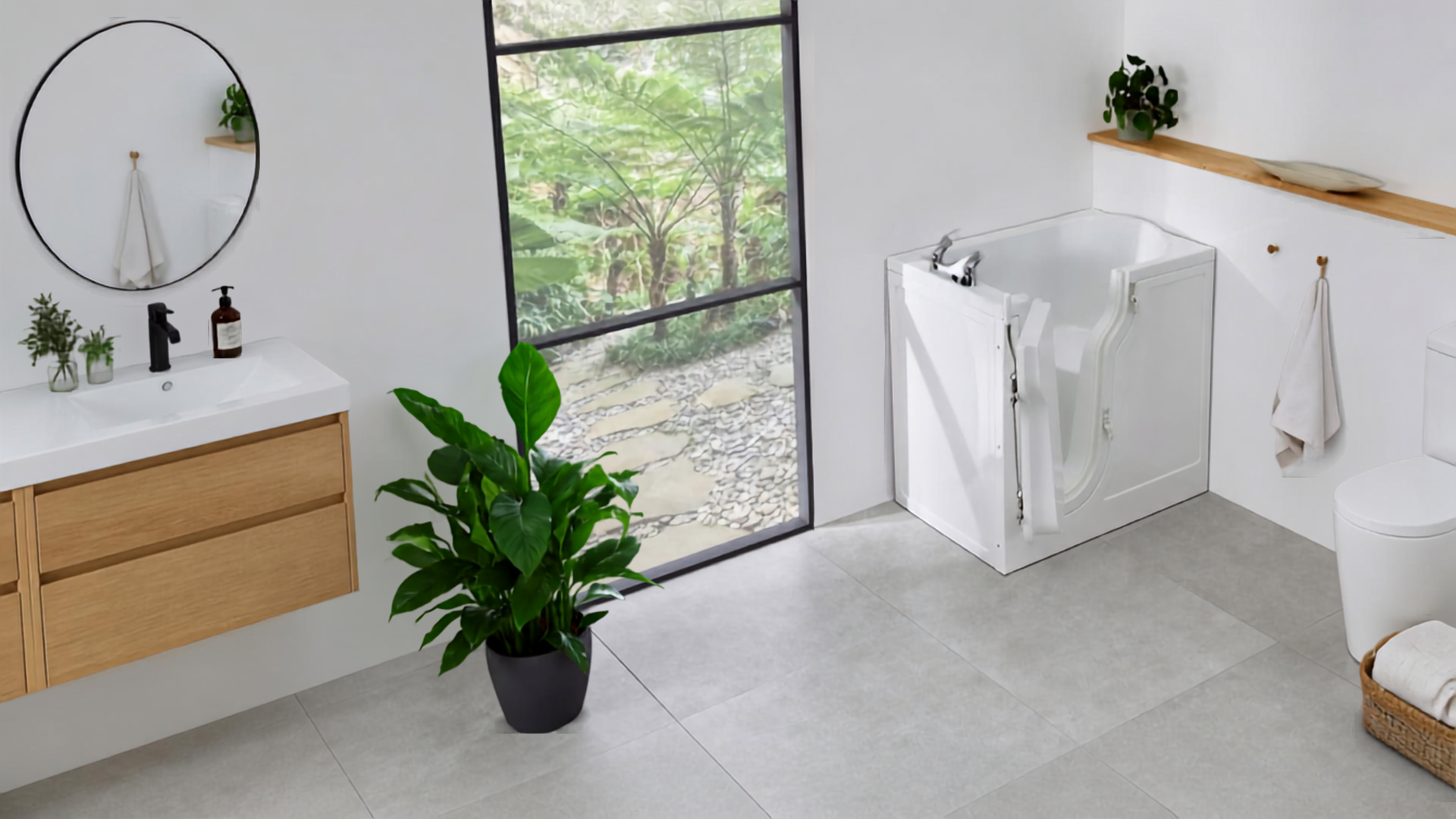 The Vermont compact walk-in bath in a bright bathroom. Supplied and installed by Age Care Bathrooms.